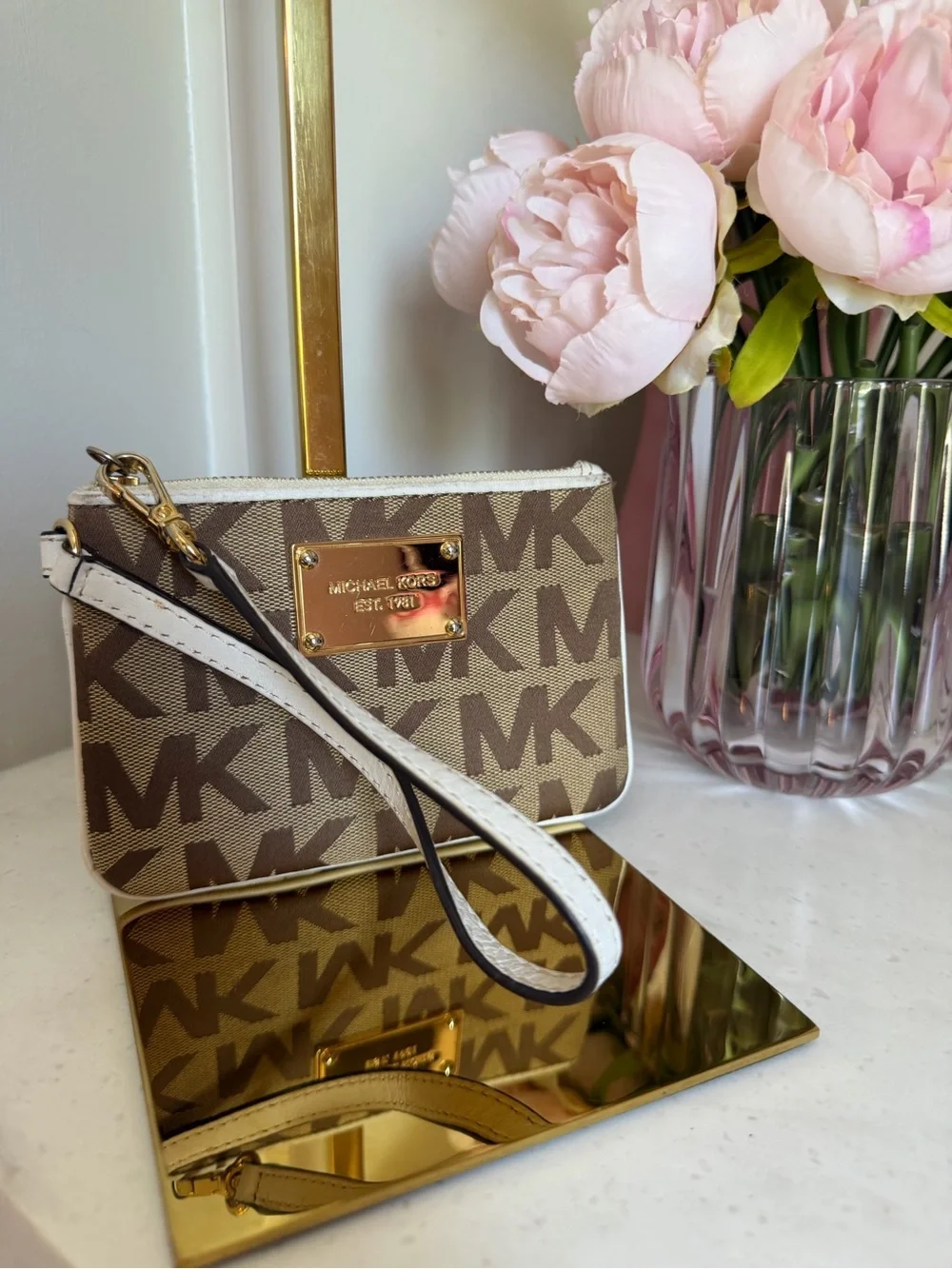 Michael Kors Brown Logo Wristlet - Brown/Beige Gold emblem